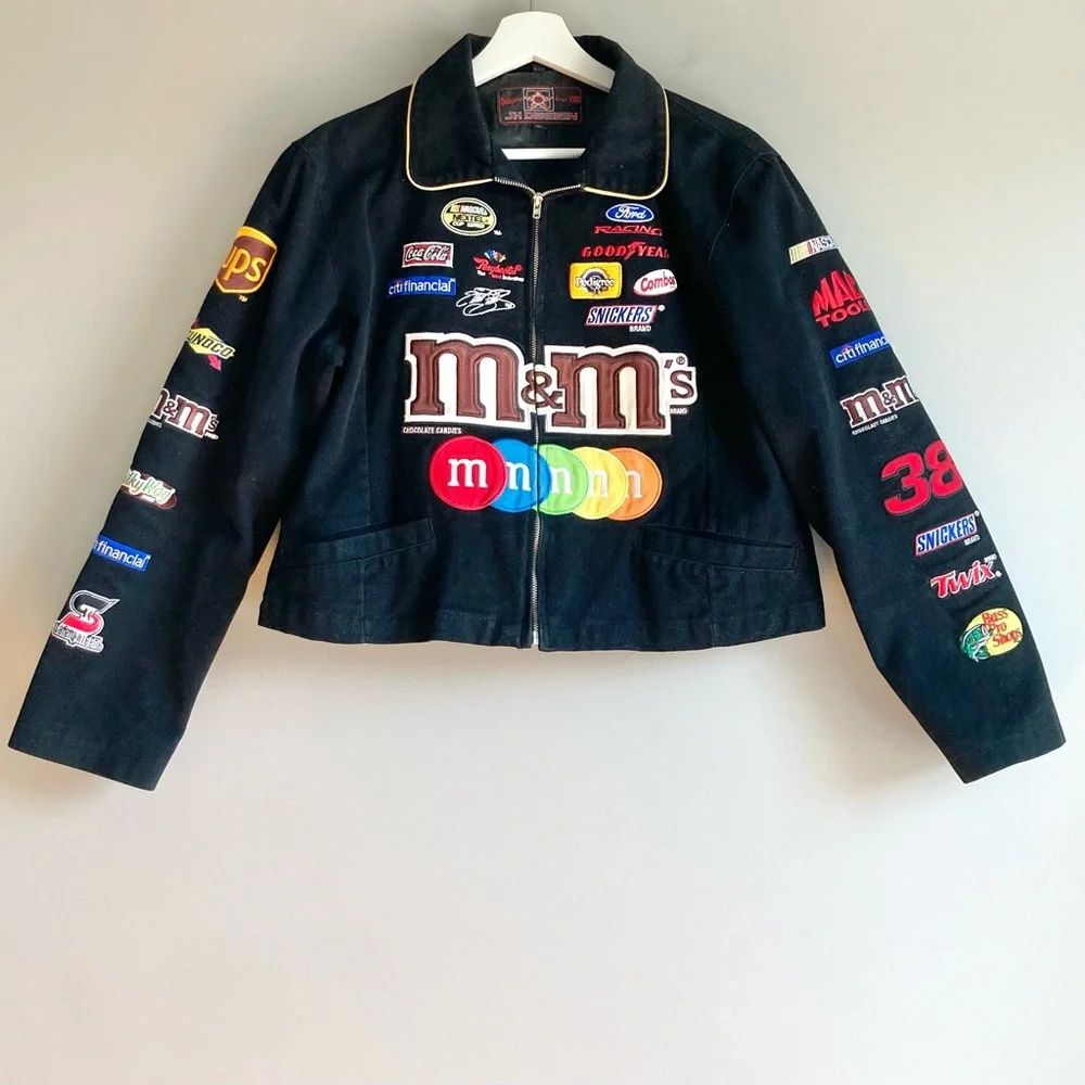JH Design Y2K Elliott Sadler 38 black jacket XL M&M NASCAR racing sponsor bomber